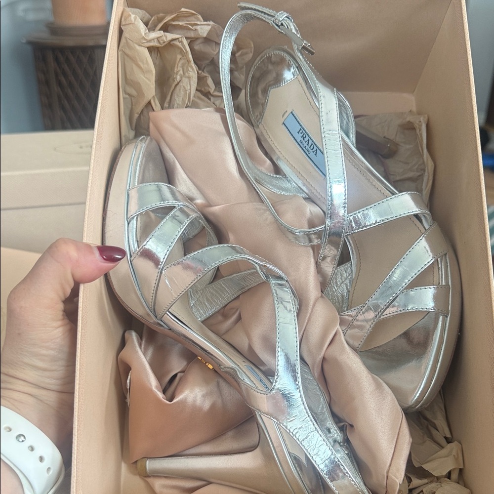 Prada Silver Metallic Strappy Platform Sandals - Picture 9 of 9